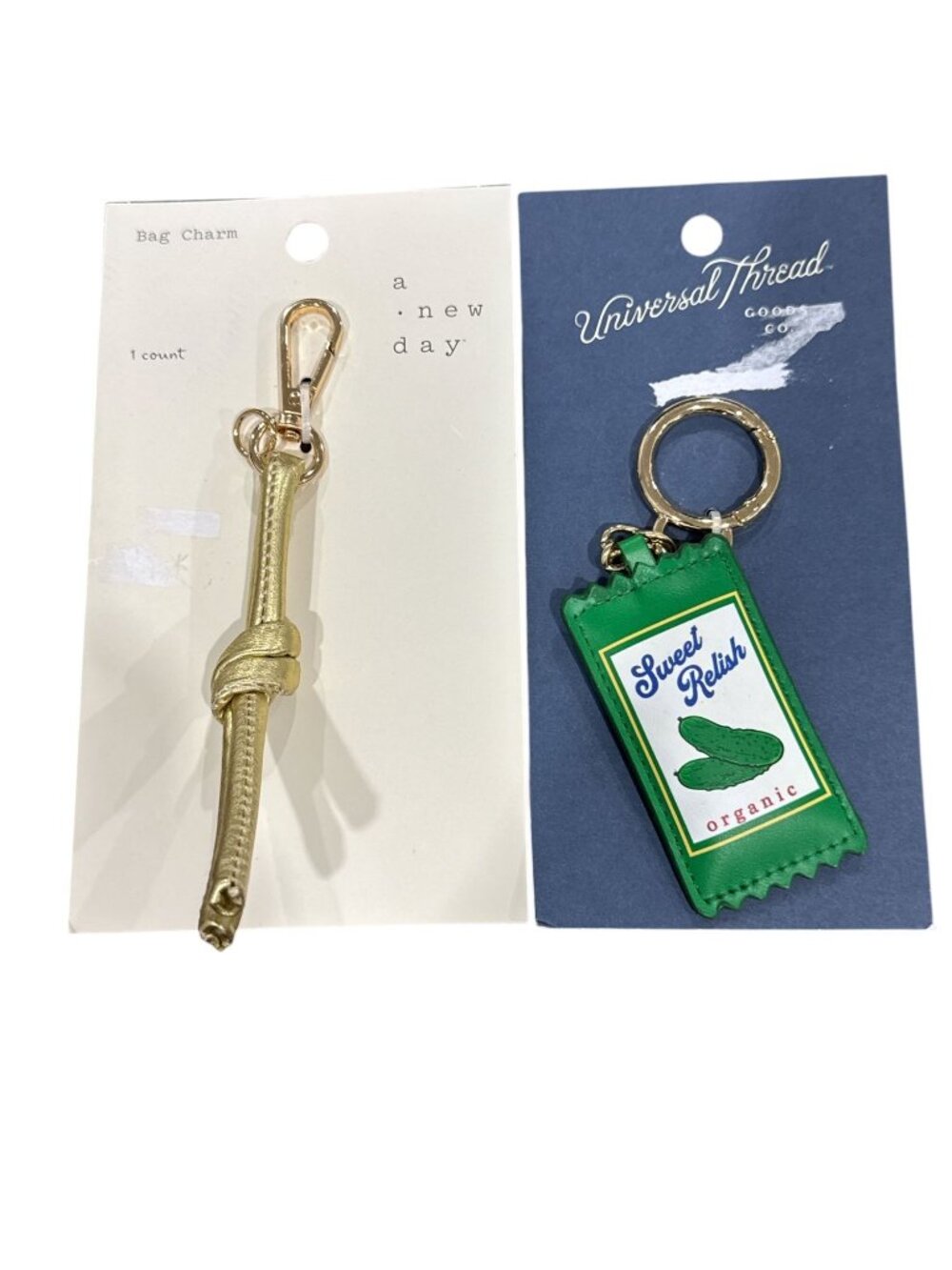 Set Of 2 Keychains: A New Day Gold Knot Bag Charm & Universal Thread Sweet Relis